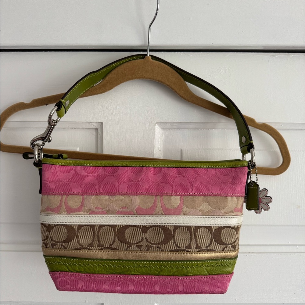 Coach Signature Multi Stripe Pink Green Brown Shoulder Bag 14725